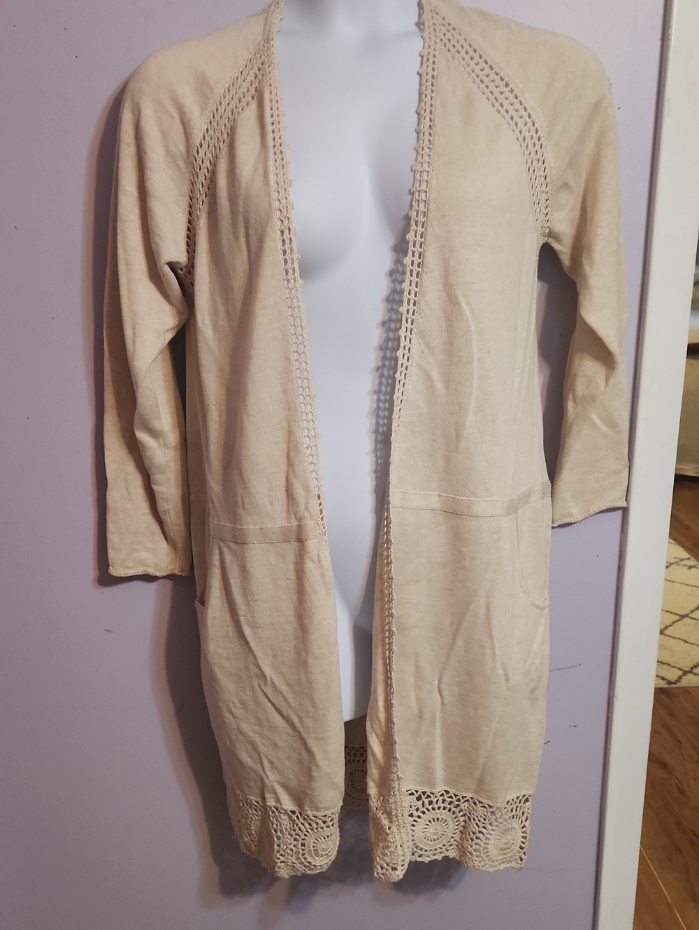 Women's Open Front Crochet Trim Jacket in Beige